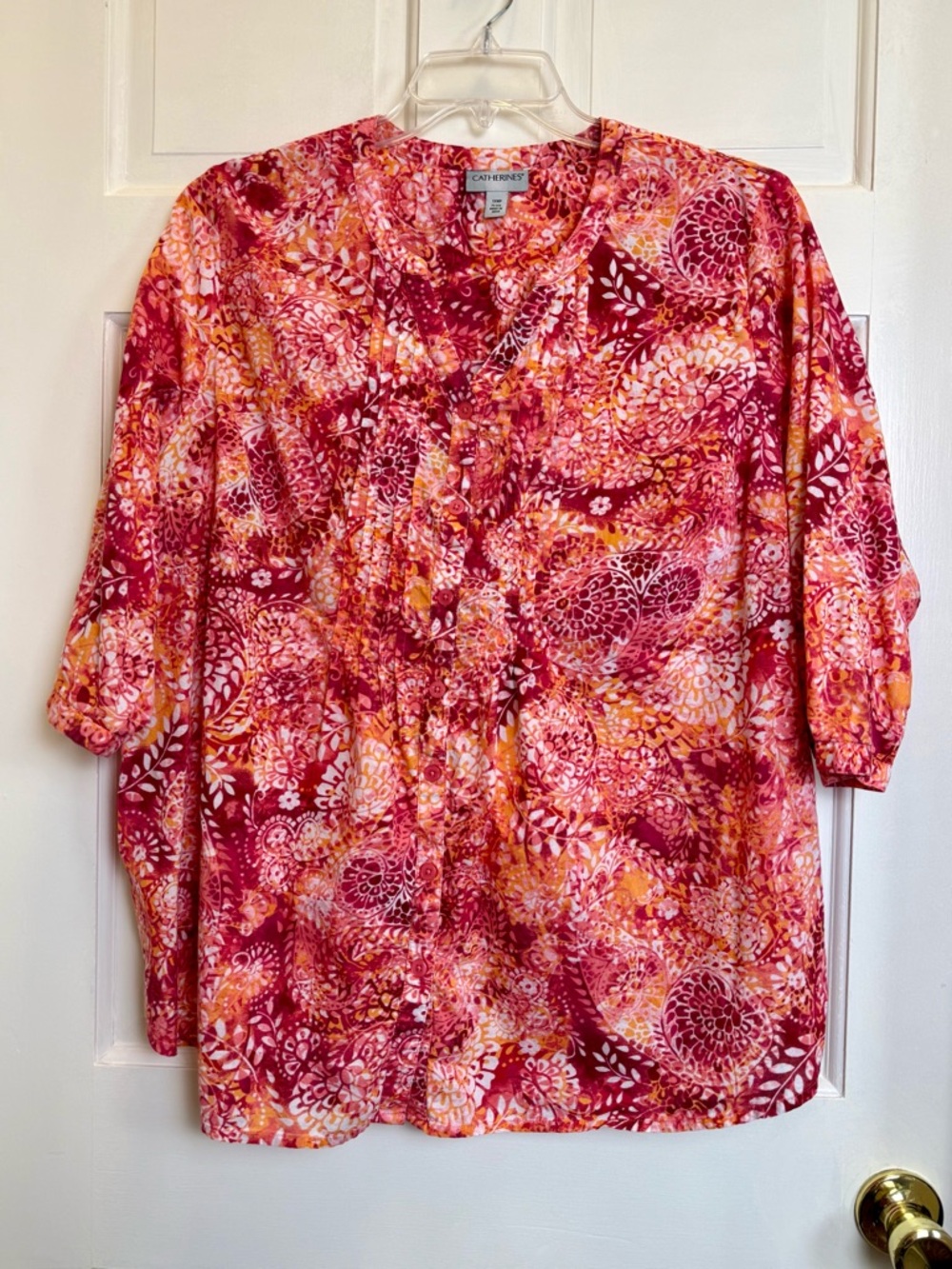 Catherines Pink & Orange Button-Front 3/4 Sleeve Blouse Cotton Size 1XWP Petite